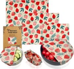 Bijenwas Wraps (Bijenwas Doek) - "rode Aardbei" Set Van 3 - 1S, 1M, 1L - Beeswax Wraps - Herbruikbaar Boterhamzakje - Bee Wrap - Beewax - Bijenwasdoek - Zero Waste - Duurzaam Cadeau