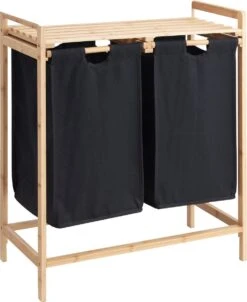 ACAZA Wasmand Met 2 Uitschuifbare Waszakken - Wassorteerder - 44 Liter - Bamboe - 73.5x64.5x33 Cm - Zwart